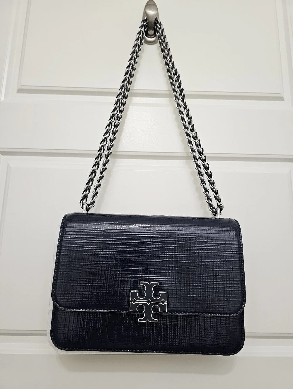 Tory Burch Britten Textured Patent Navy Leather Chain Crossbody